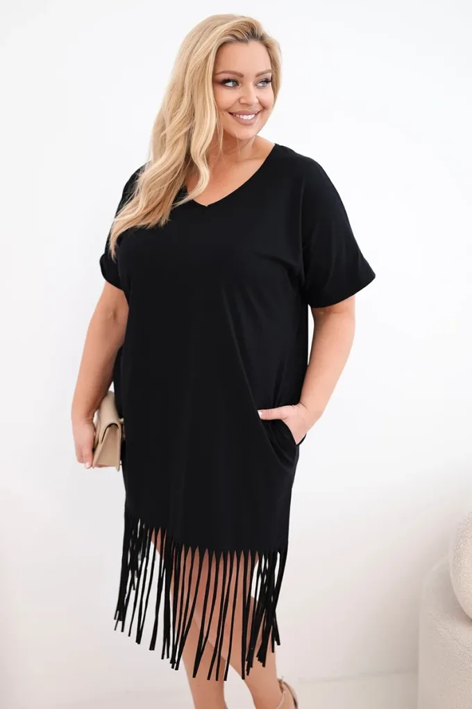 Sukienka damska bawełniana z dekoltem V i frędzlami Plus Size czarna