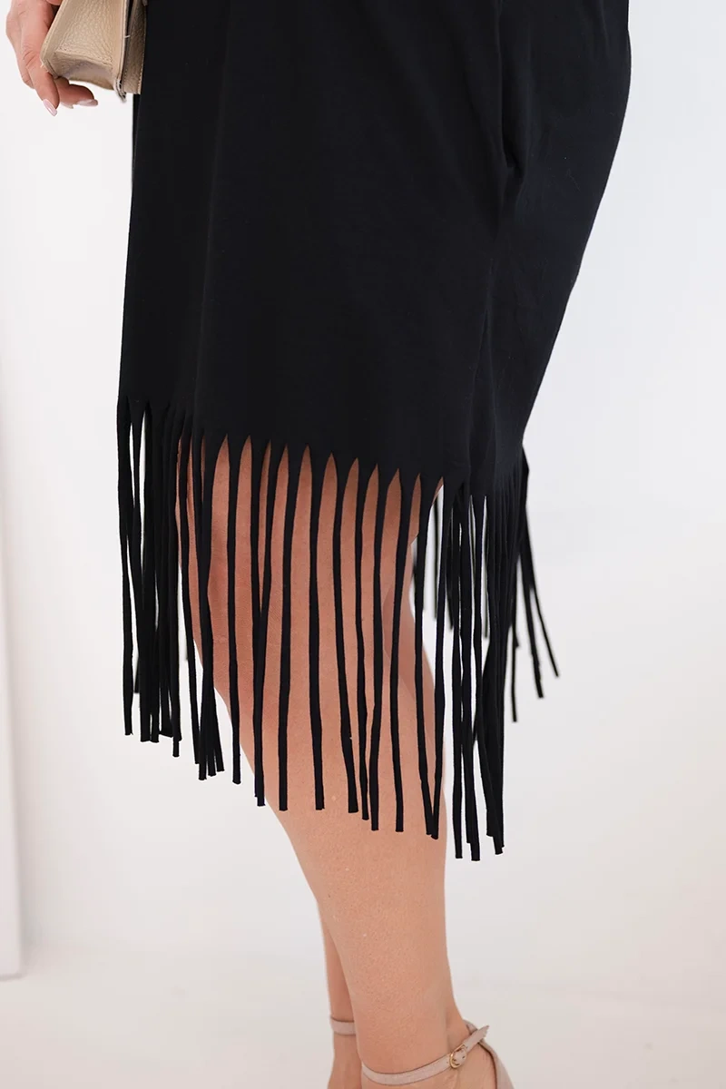 Sukienka damska bawełniana z dekoltem V i frędzlami Plus Size czarna - obrazek 4