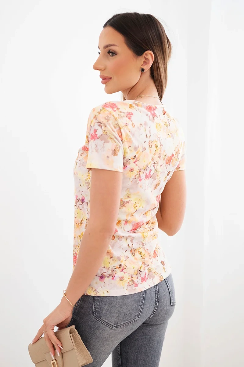 Bluzka damska wiskozowa prążkowana z kwiatowym nadrukiem żółta - obrazek 3