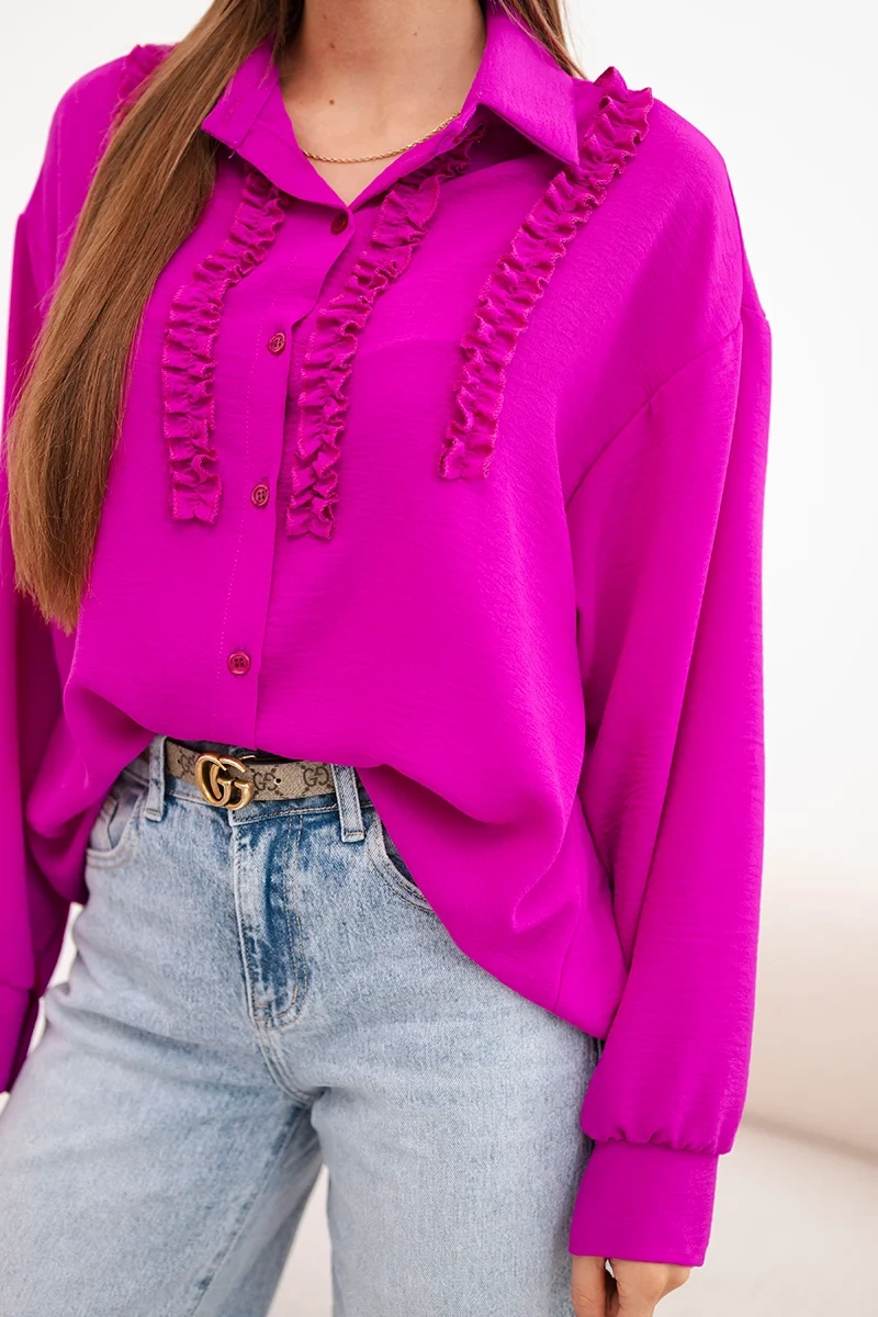 Koszula damska wiskozowa z długim rękawem i falbanami ciemno fioletowa - obrazek 4