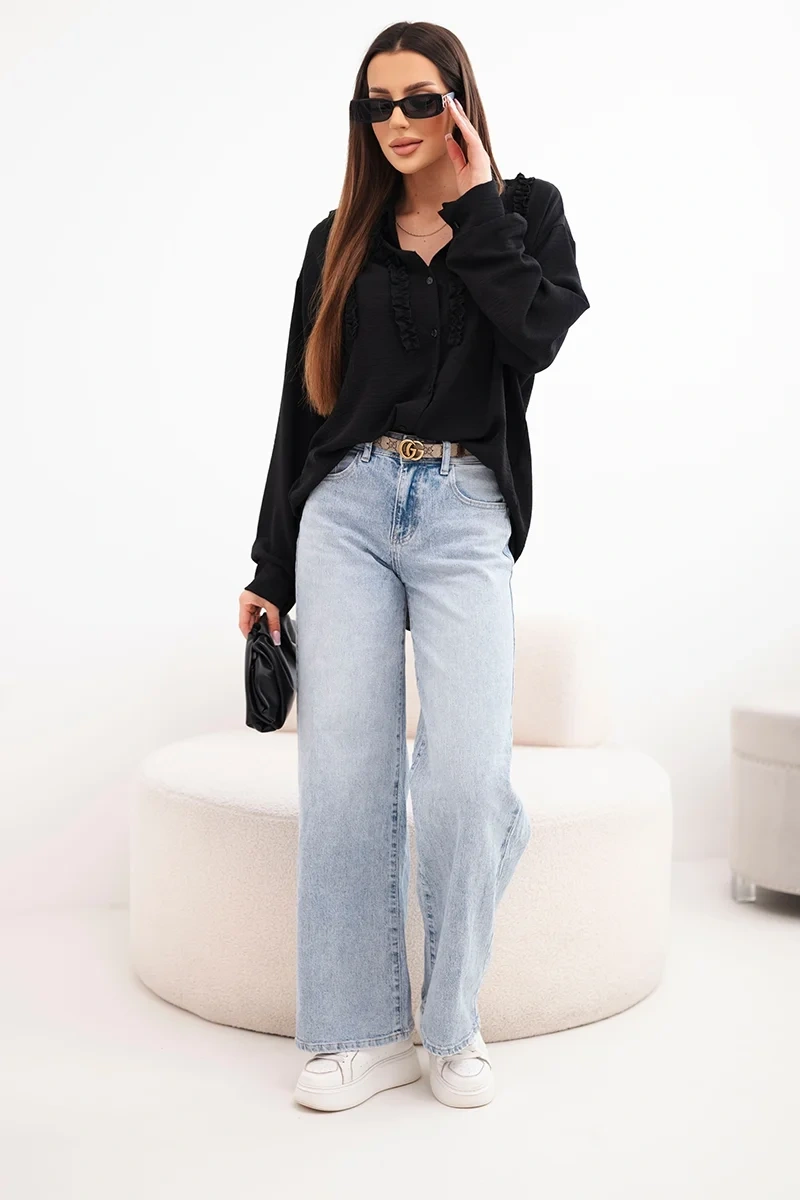 Koszula damska wiskozowa z długim rękawem i falbanami czarna - obrazek 2