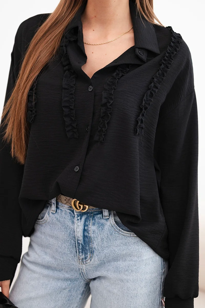 Koszula damska wiskozowa z długim rękawem i falbanami czarna - obrazek 4