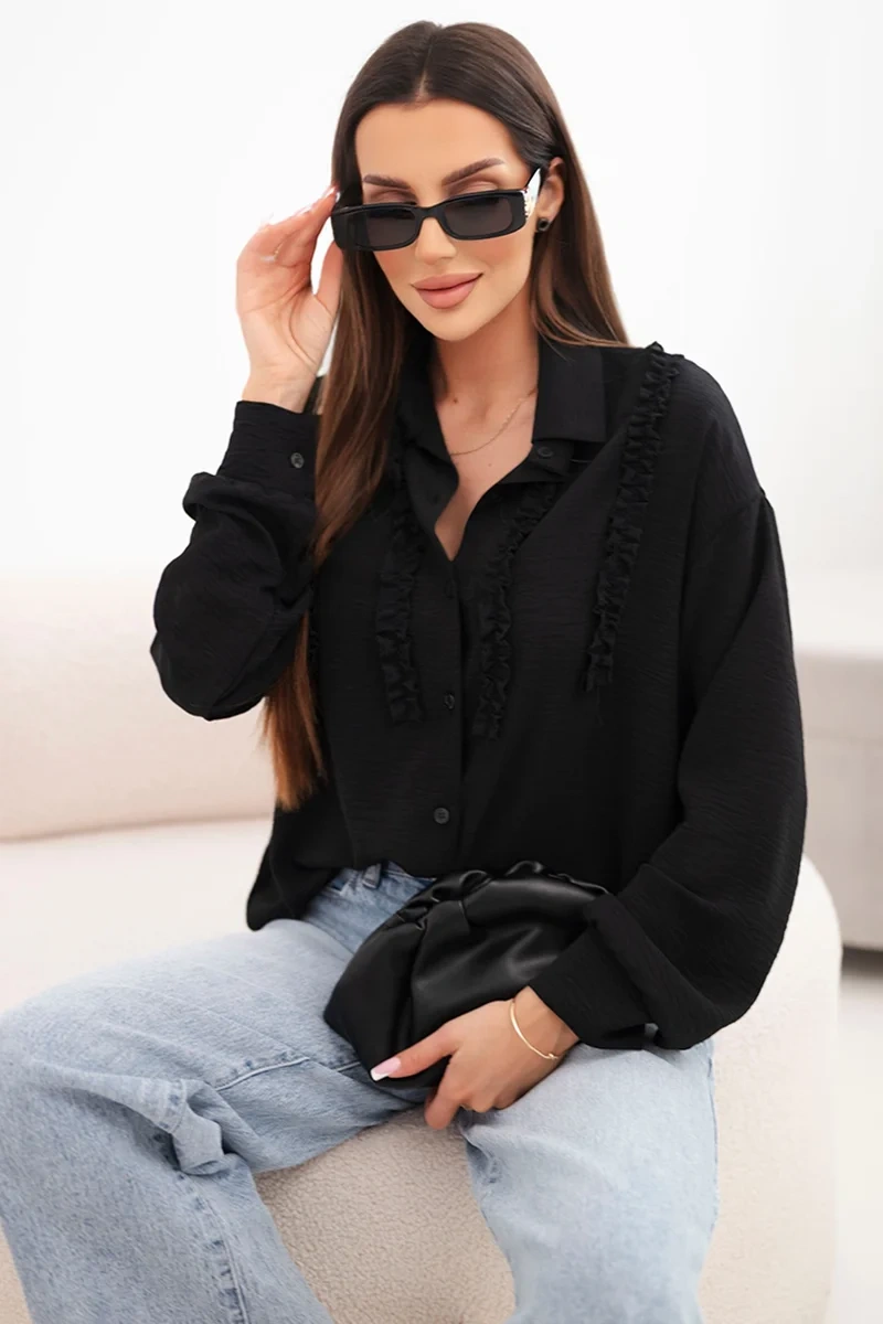 Koszula damska wiskozowa z długim rękawem i falbanami czarna