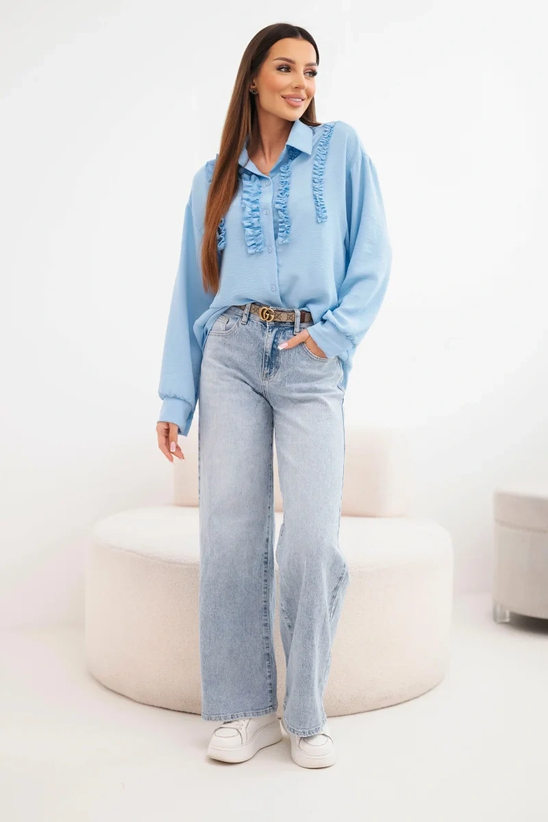 Koszula damska wiskozowa z długim rękawem i falbanami niebieska - obrazek 2