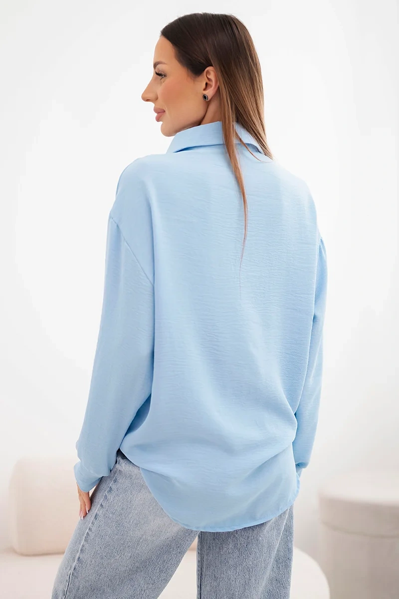 Koszula damska wiskozowa z długim rękawem i falbanami niebieska - obrazek 4