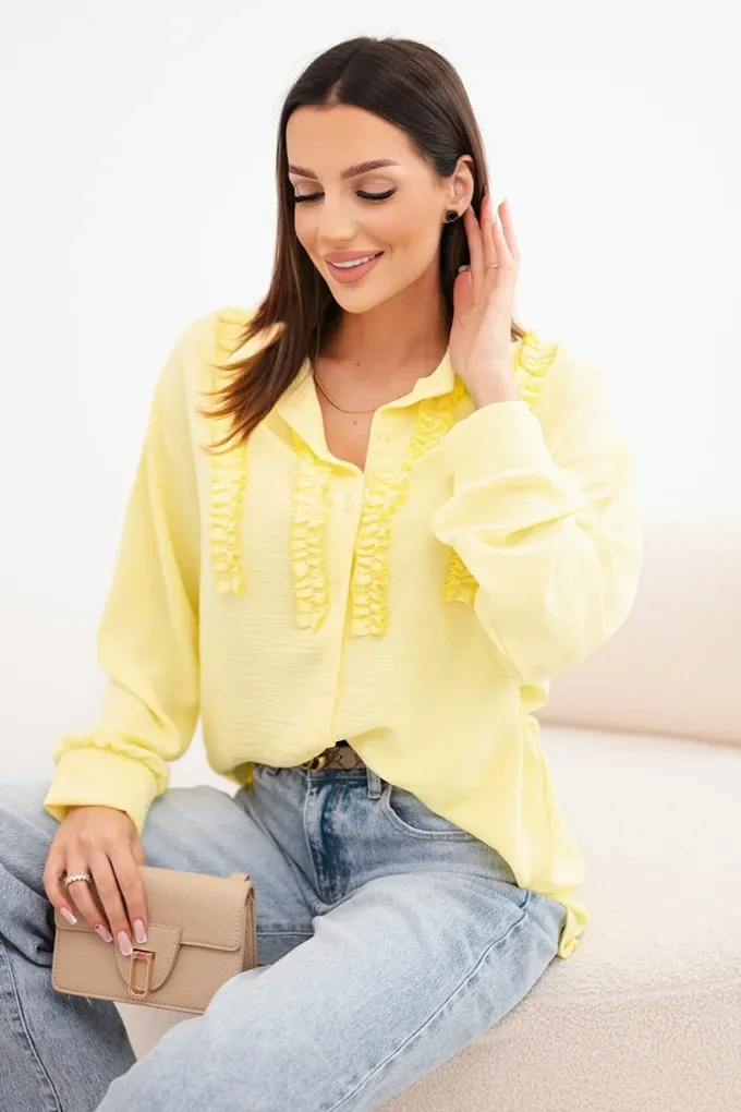 Koszula damska wiskozowa z długim rękawem i falbanami żółta