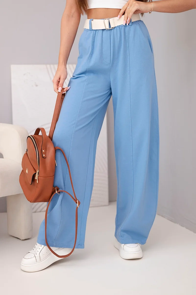Spodnie damskie bawełniane z szeroką nogawką i paskiem jeansowe