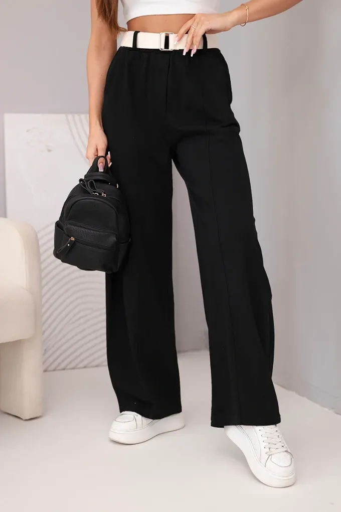 Spodnie damskie bawełniane z szeroką nogawką i paskiem czarne