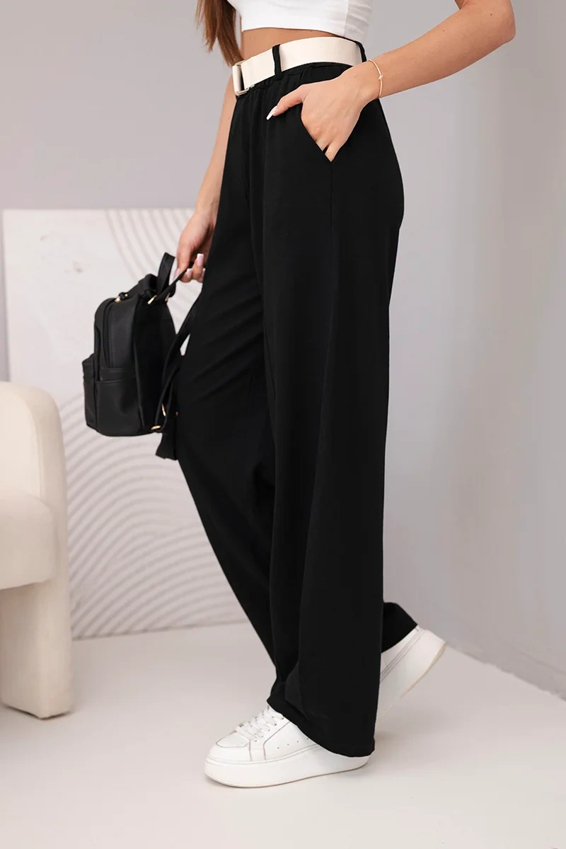 Spodnie damskie bawełniane z szeroką nogawką i paskiem czarne - obrazek 4