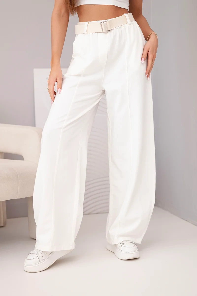 Spodnie damskie bawełniane z szeroką nogawką i paskiem ecru