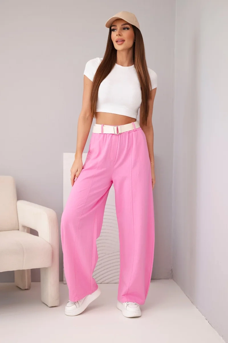 Spodnie damskie bawełniane z szeroką nogawką i paskiem cukierkowy róż - obrazek 2