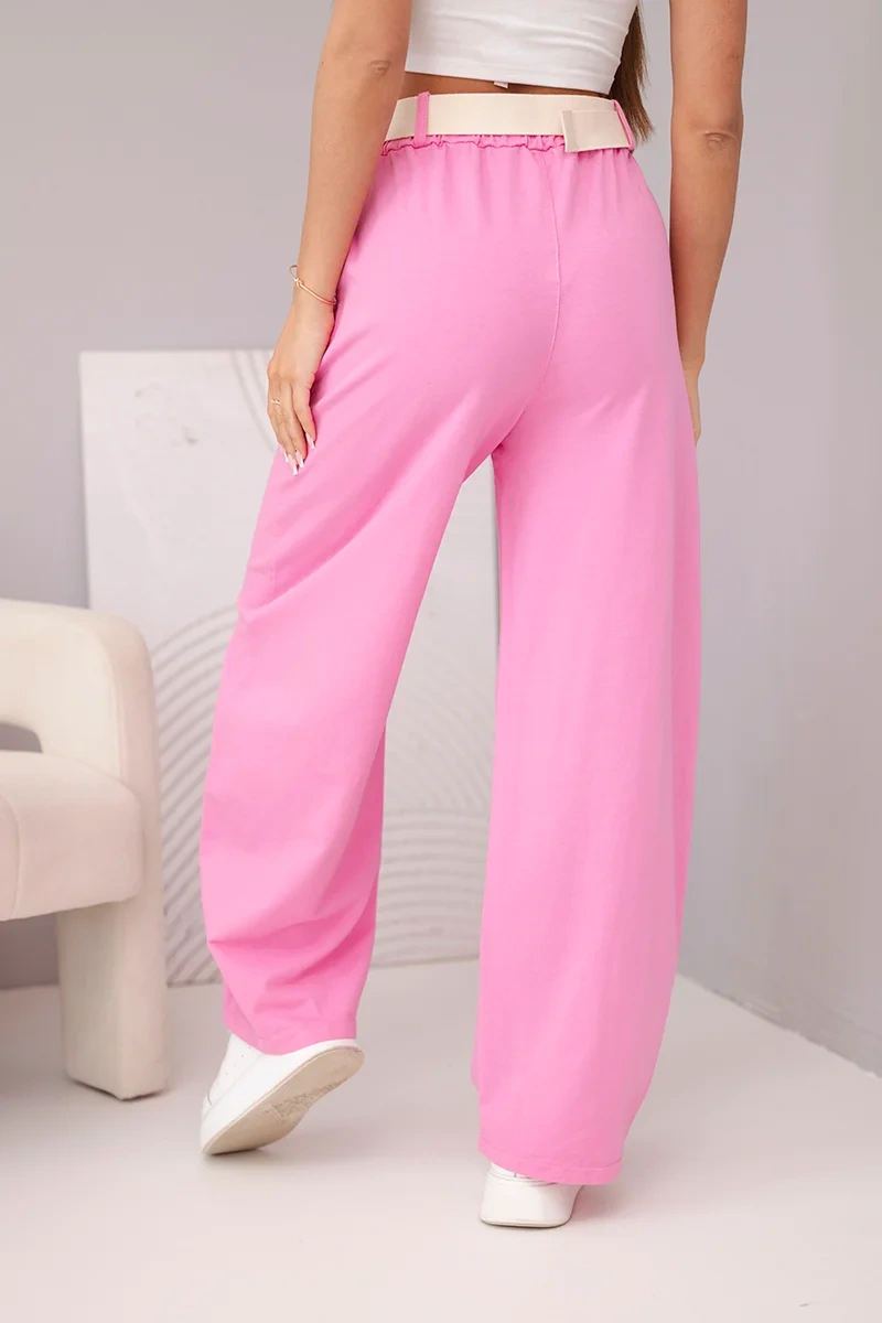Spodnie damskie bawełniane z szeroką nogawką i paskiem cukierkowy róż - obrazek 3