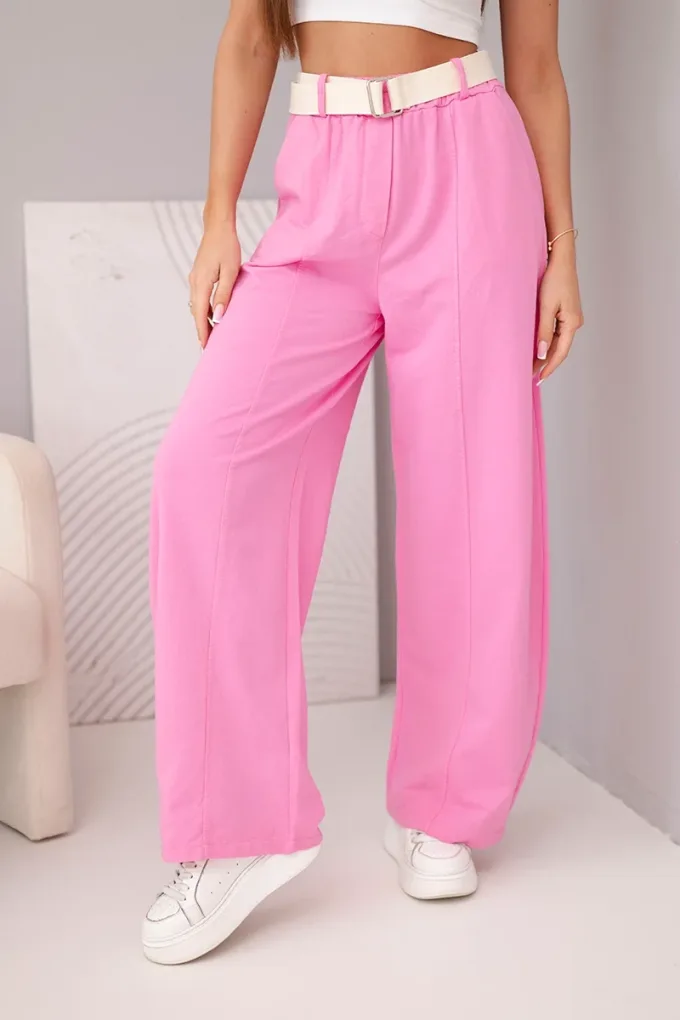 Spodnie damskie bawełniane z szeroką nogawką i paskiem cukierkowy róż