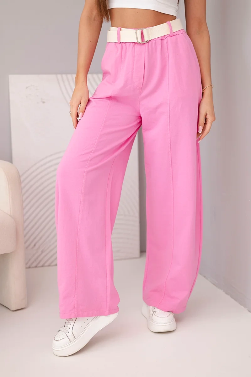 Spodnie damskie bawełniane z szeroką nogawką i paskiem cukierkowy róż