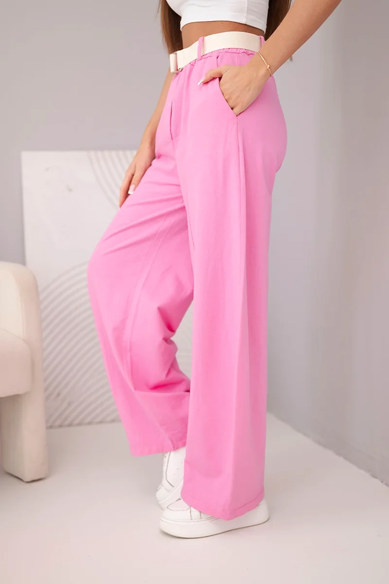 Spodnie damskie bawełniane z szeroką nogawką i paskiem cukierkowy róż - obrazek 4