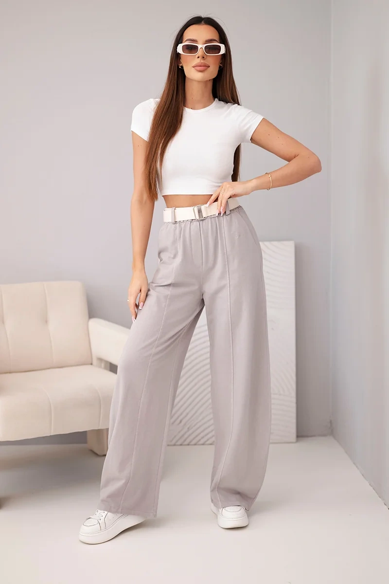 Spodnie damskie bawełniane z szeroką nogawką i paskiem fango - obrazek 2