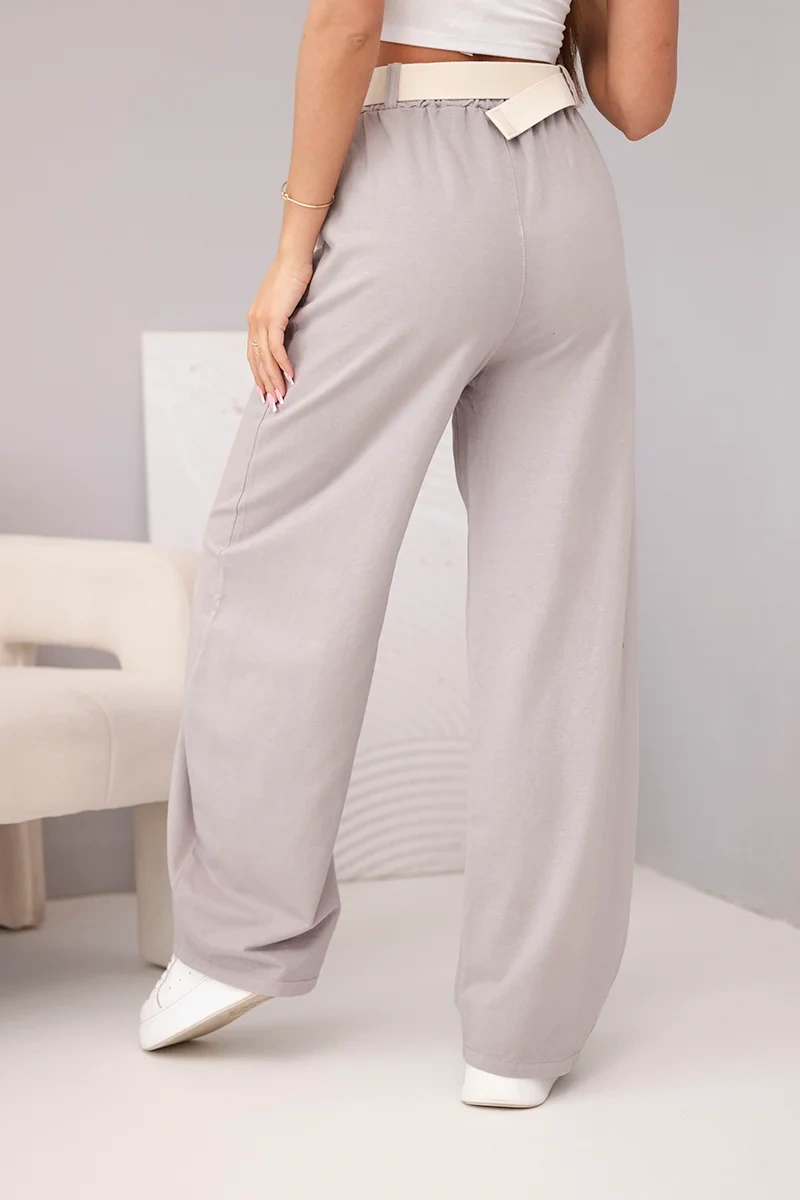 Spodnie damskie bawełniane z szeroką nogawką i paskiem fango - obrazek 3