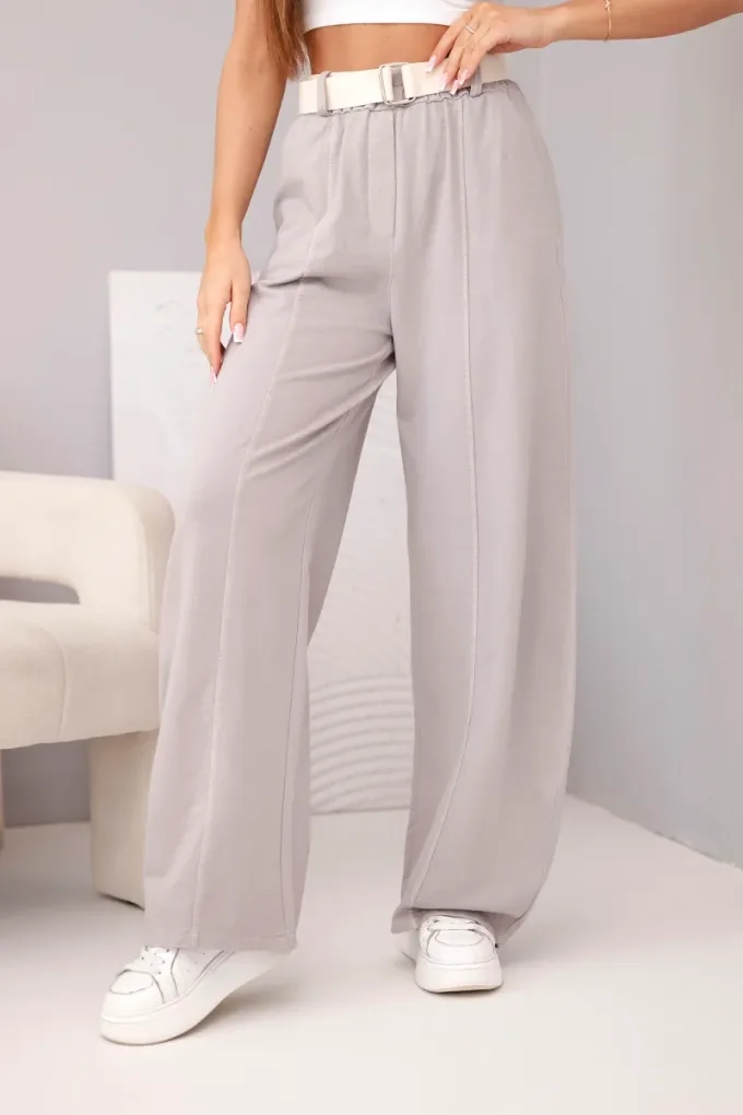 Spodnie damskie bawełniane z szeroką nogawką i paskiem fango