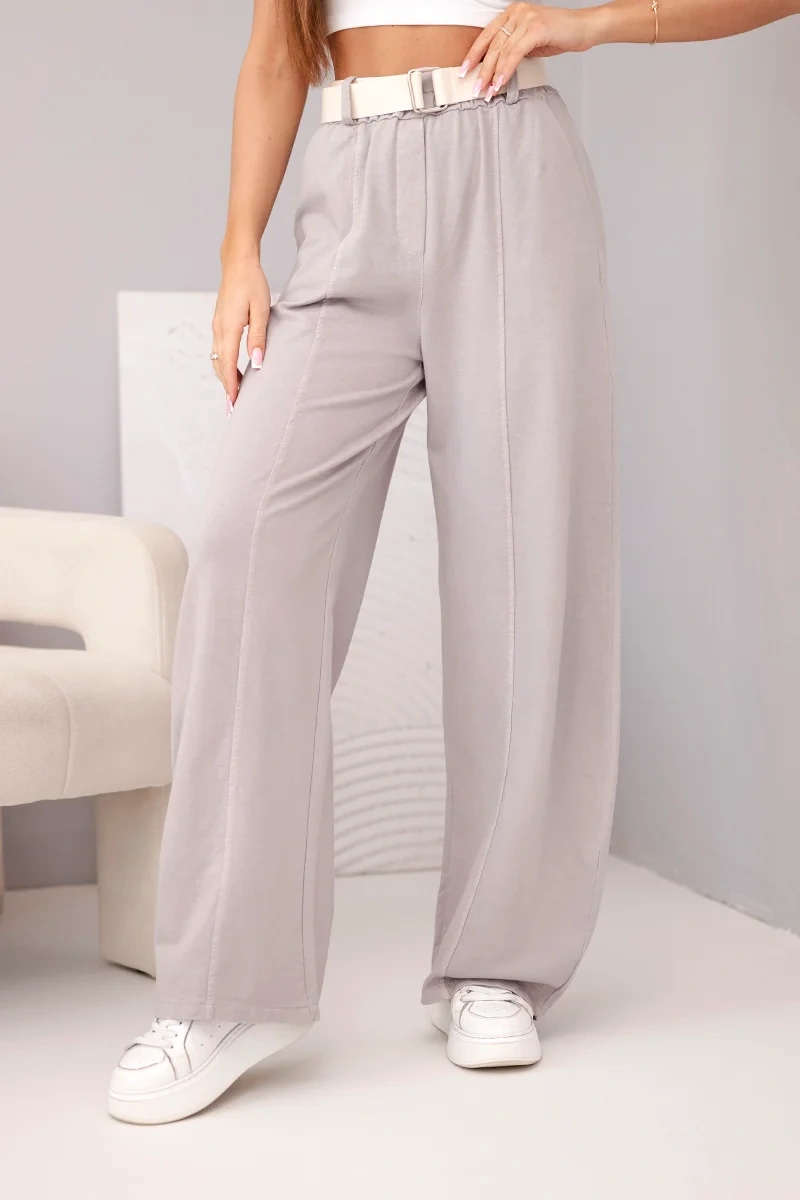 Spodnie damskie bawełniane z szeroką nogawką i paskiem fango