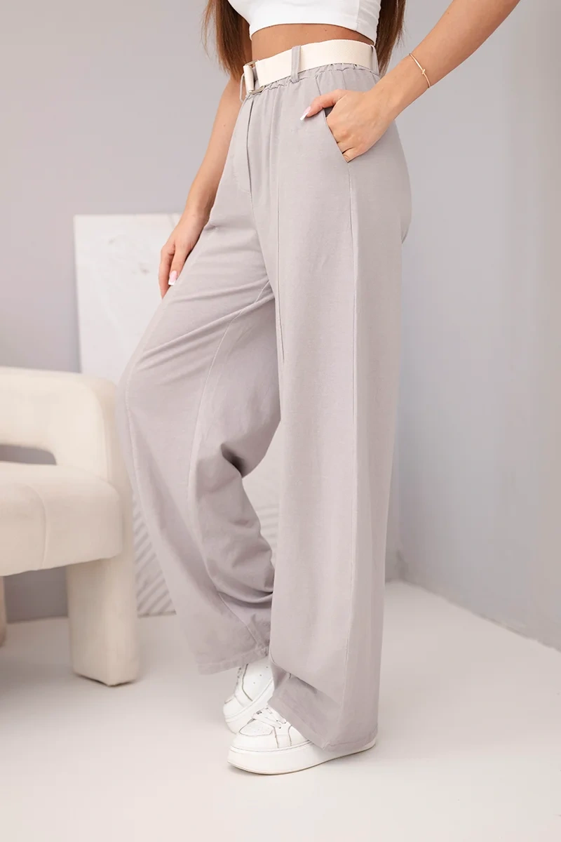 Spodnie damskie bawełniane z szeroką nogawką i paskiem fango - obrazek 4