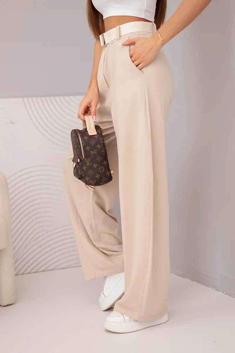 Spodnie damskie bawełniane z szeroką nogawką i paskiem beżowe - obrazek 4