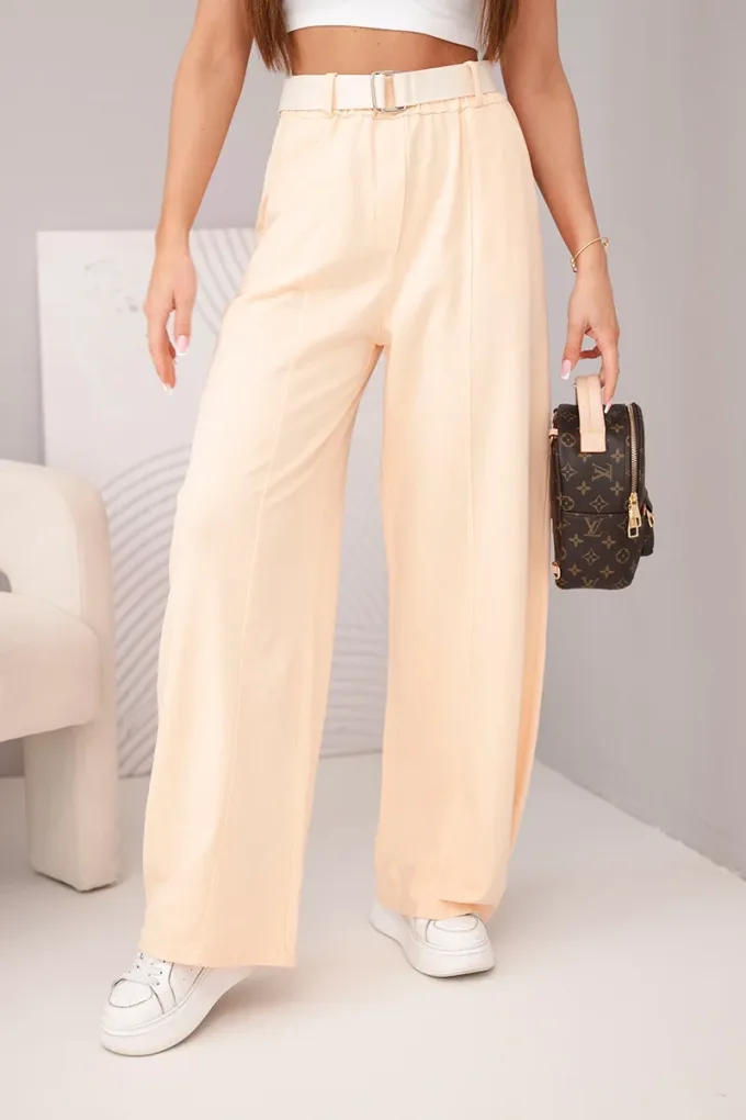 Spodnie damskie bawełniane z szeroką nogawką i paskiem morelowe