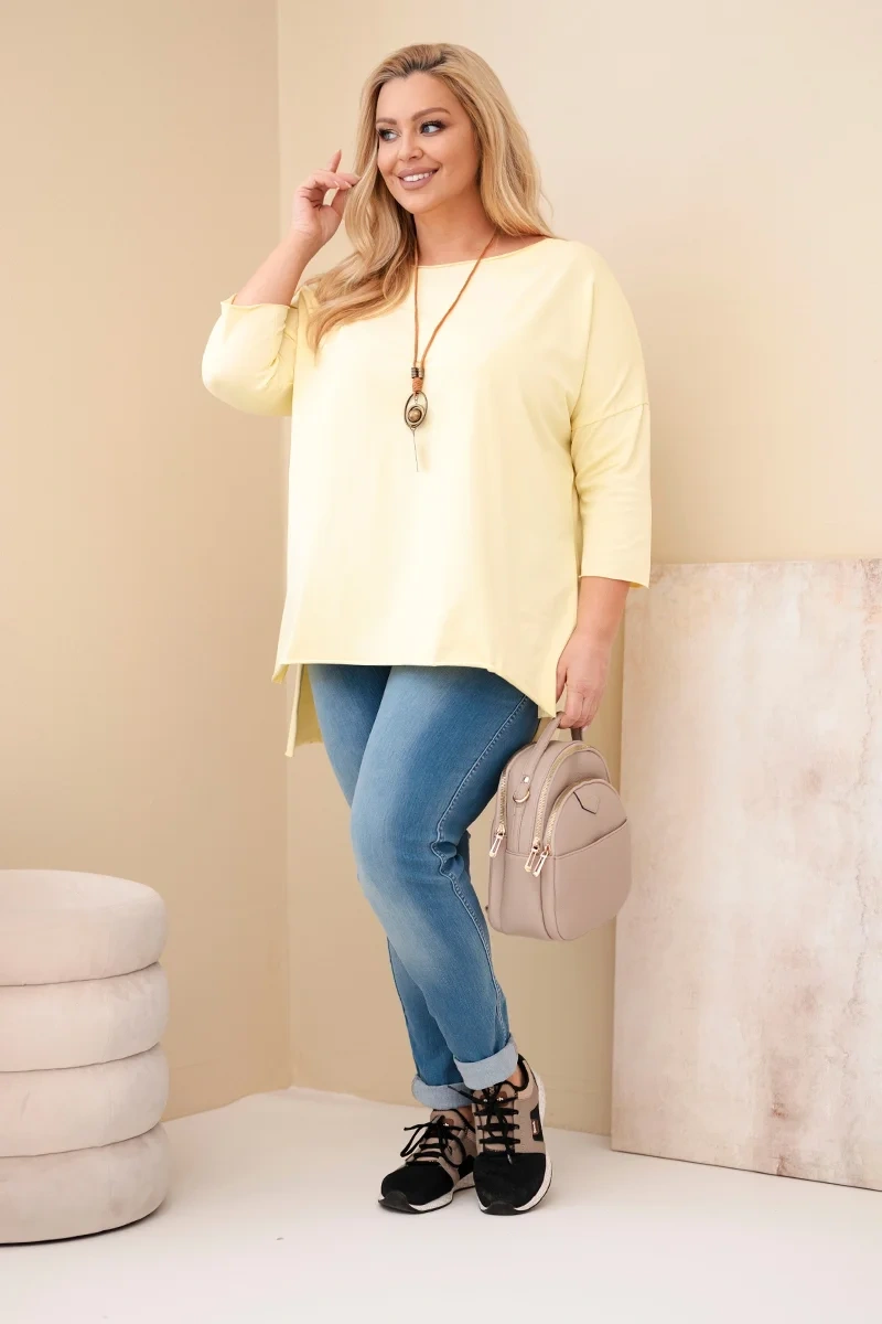 Bluzka damska bawełniana Plus Size asymetryczna żółta z naszyjnikiem morelowa - obrazek 2