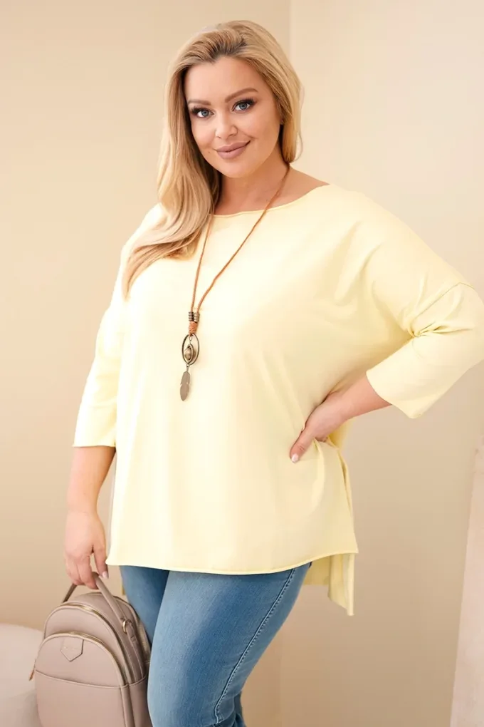 Bluzka damska bawełniana Plus Size asymetryczna żółta z naszyjnikiem morelowa