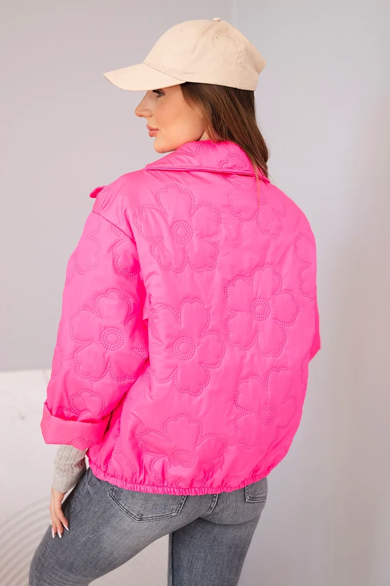 Kurtka damska wiosenna pikowana z kwiatowym wzorem różowy neon - obrazek 3