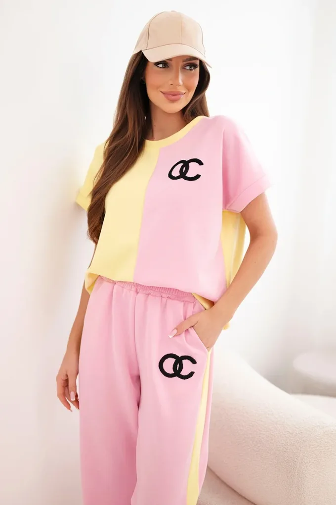 Komplet damski masełkowy z bluzą oversize i szerokimi spodniami jasny różowy + żółty