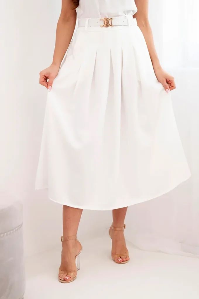 Spódnica damska wiskozowa z paskiem i zakładkami ecru