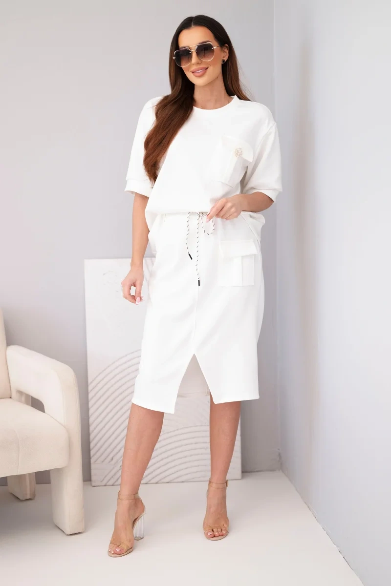 Komplet damski masełkowy z bluzką i spódnicą midi ecru - obrazek 2