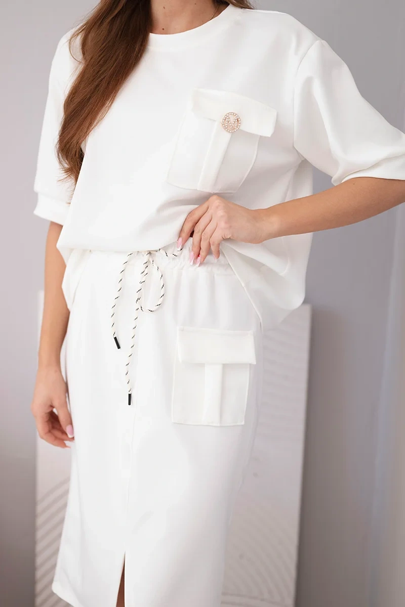 Komplet damski masełkowy z bluzką i spódnicą midi ecru - obrazek 4