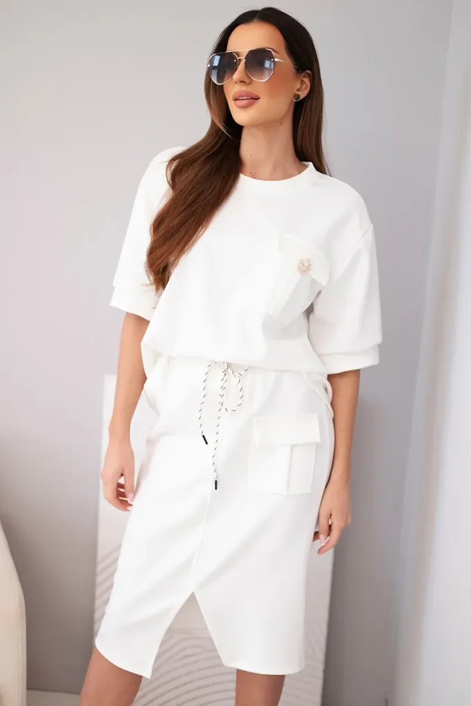 Komplet damski masełkowy z bluzką i spódnicą midi ecru