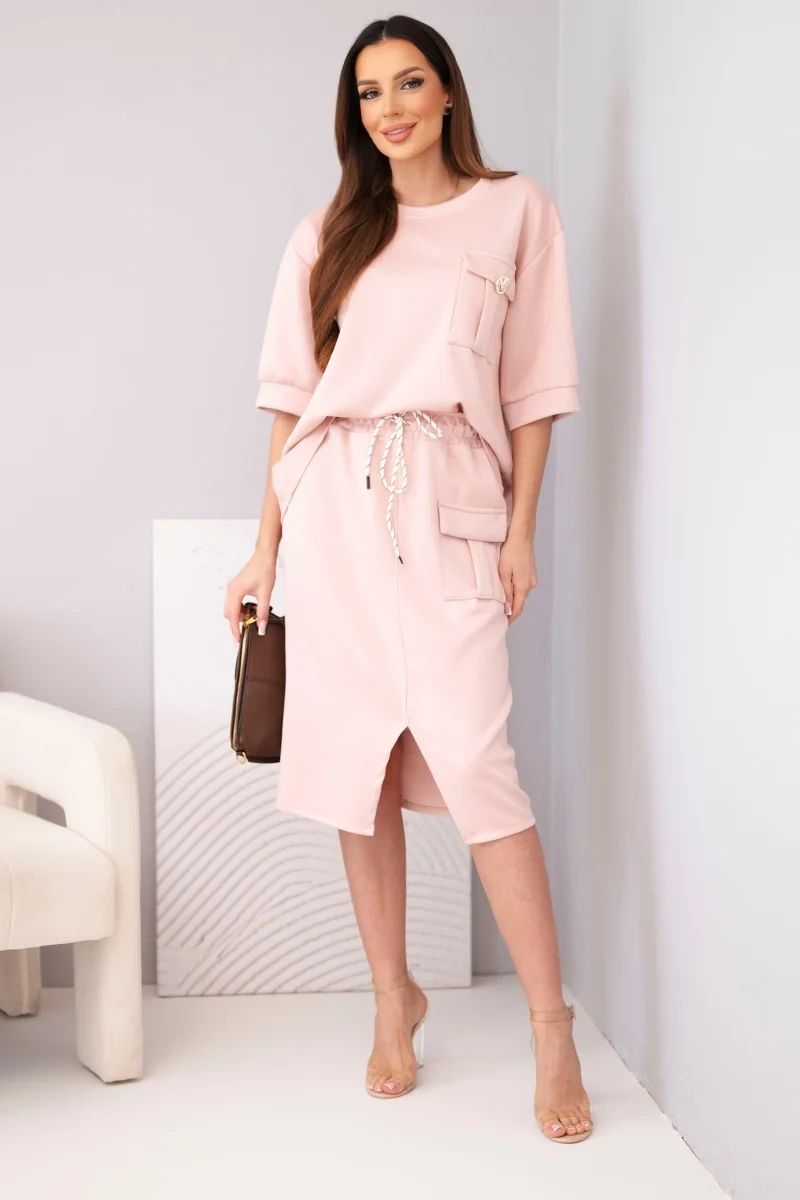 Komplet damski masełkowy z bluzką i spódnicą midi ciemny pudrowy róż - obrazek 2