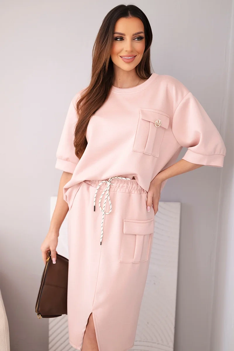 Komplet damski masełkowy z bluzką i spódnicą midi ciemny pudrowy róż