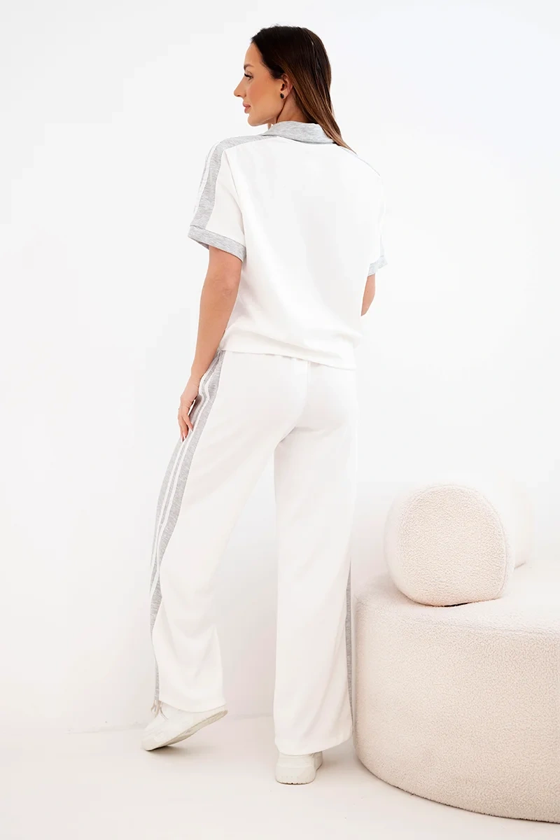 Komplet damski masełkowy z bluzą polo i szerokimi spodniami szary - obrazek 4