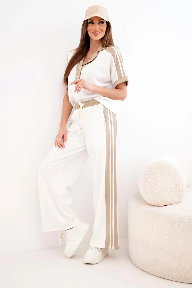 Komplet damski masełkowy z bluzą polo i szerokimi spodniami camelowy - obrazek 2