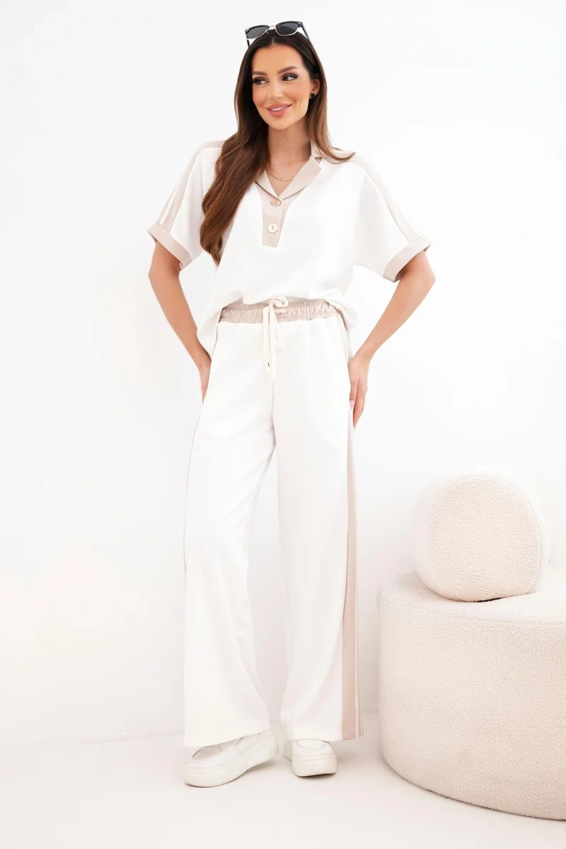 Komplet damski masełkowy z bluzą polo i szerokimi spodniami beżowy - obrazek 2