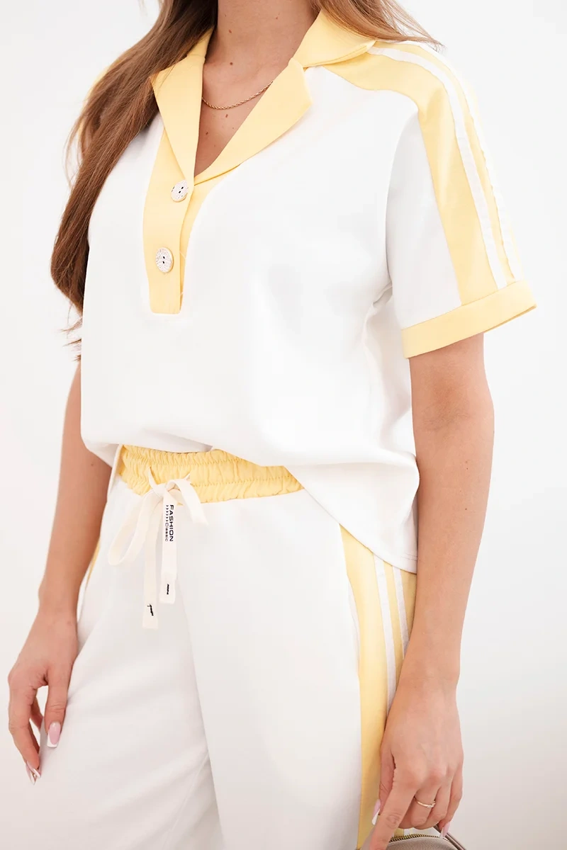 Komplet damski masełkowy z bluzą polo i szerokimi spodniami żółty - obrazek 4