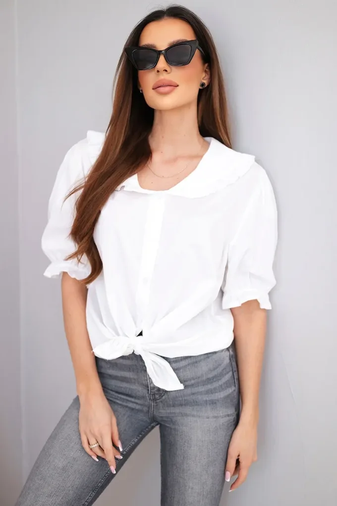 Koszula damska bawełniana z falbanką i wiązaniem biała