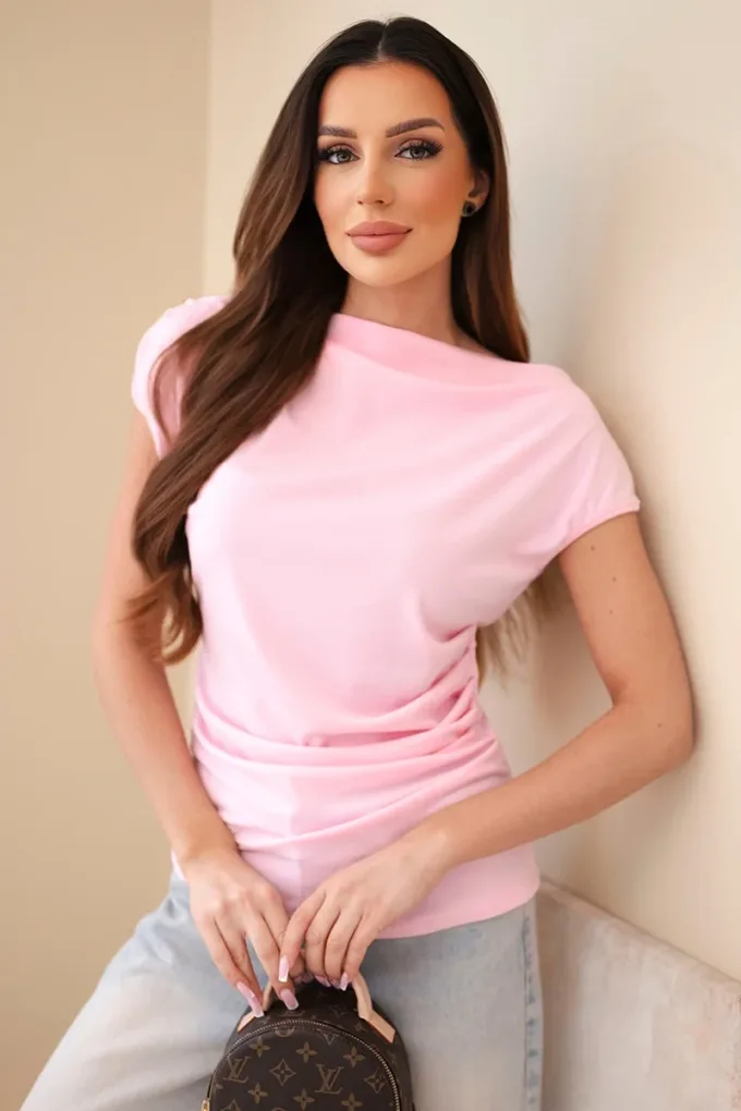 Bluzka damska prążkowana z wiskozy dekoltem woda i marszczeniem cukierkowy róż