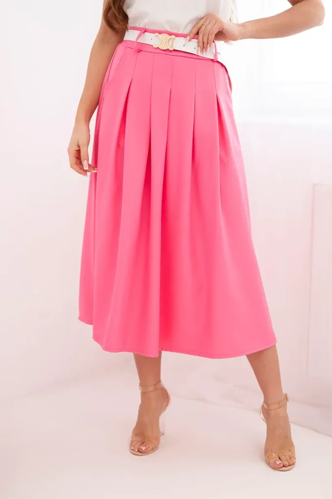 Spódnica damska wiskozowa z paskiem i zakładkami różowa