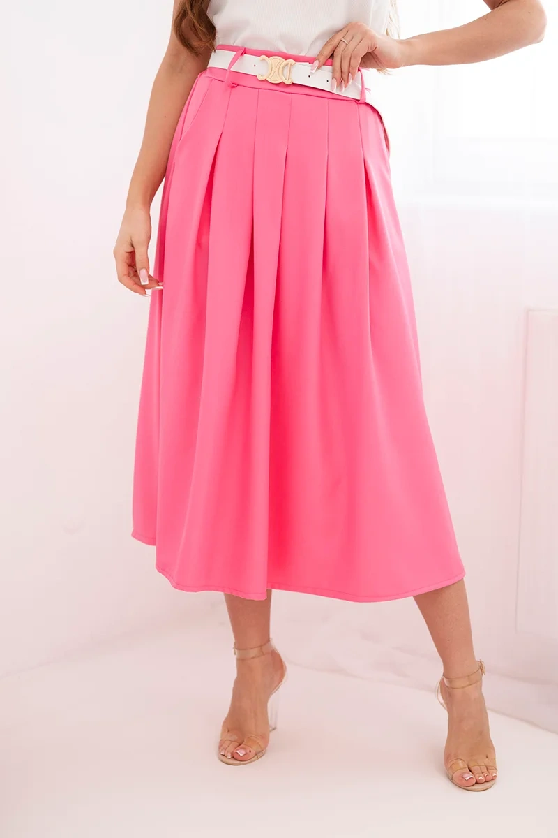 Spódnica damska wiskozowa z paskiem i zakładkami różowa