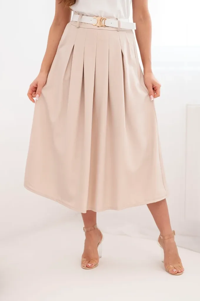 Spódnica damska wiskozowa z paskiem i zakładkami ciemno beżowa