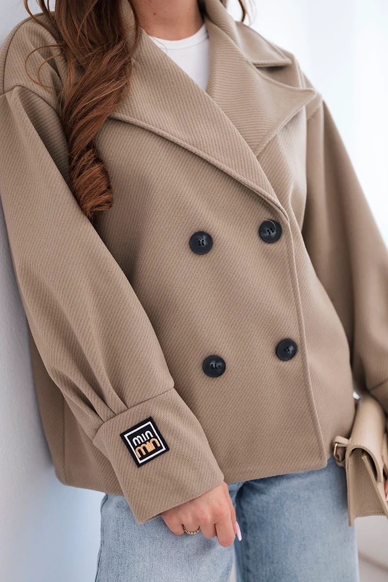 Kurtka damska krótka dwurzędowa z kołnierzem fango - obrazek 3