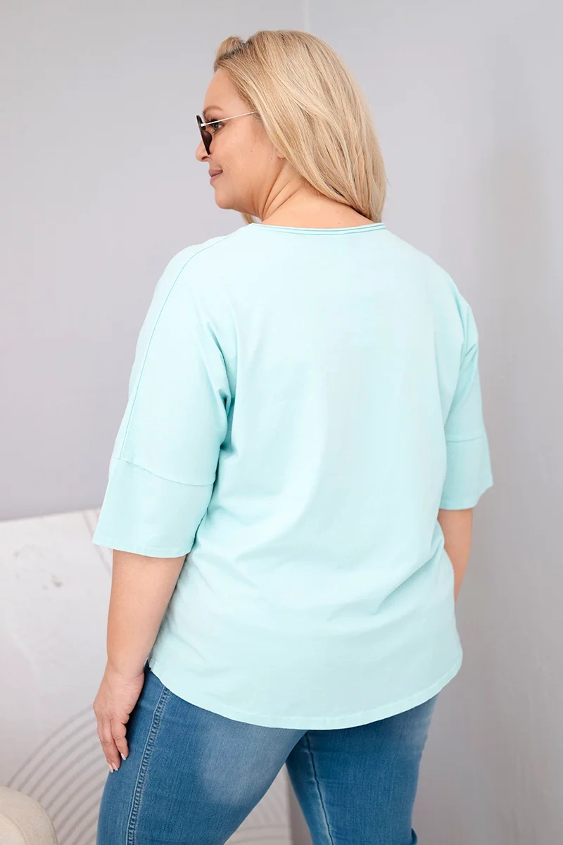 Bluzka damska bawełniana oversize Plus Size z dekoltem V miętowa - obrazek 3