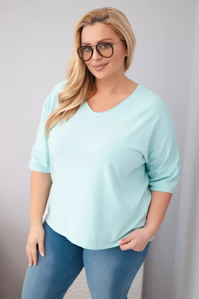 Bluzka damska bawełniana oversize Plus Size z dekoltem V miętowa