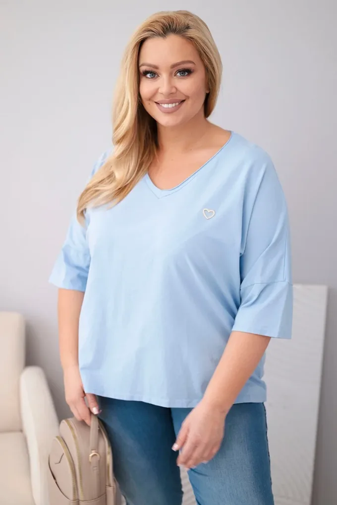 Bluzka damska bawełniana oversize Plus Size z dekoltem V  niebieska