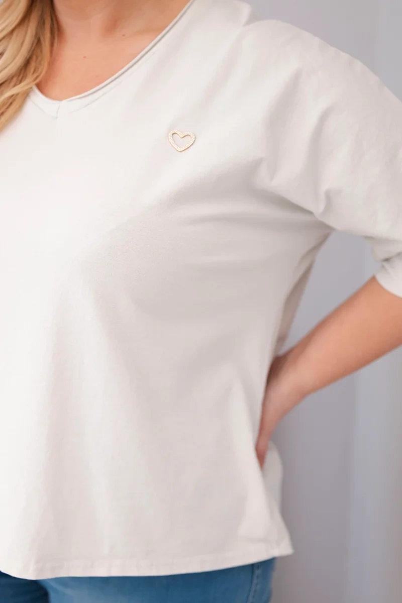 Bluzka damska bawełniana oversize Plus Size z dekoltem V beżowa - obrazek 4